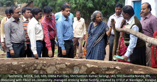 Secretary, MOTA, GoI Smt. Viva Puri Das, Shri Santosh Kumar Sarangi, IAS, Shri Susanta Nanda, IFS, discussing with FNGO on community managed drinking water facility, created by OTELP at Nandapur, Koraput